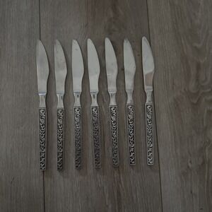 7 PCs Vtg Riviera MONTEREY Stainless Silverware DINNER Knives Scroll Black Japan